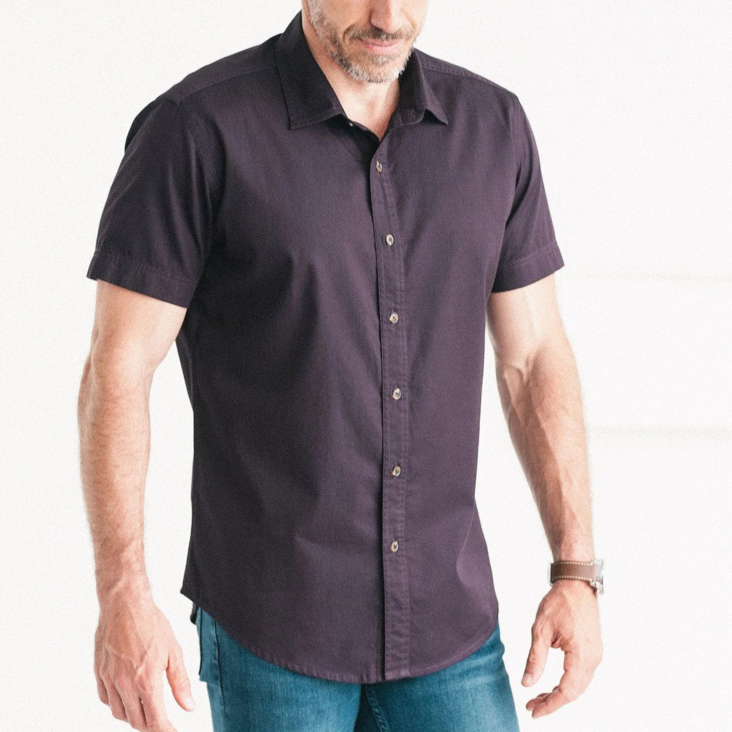 Essential Spread Collar Short Sleeve Casual Shirt - Burgundy Cotton Twill