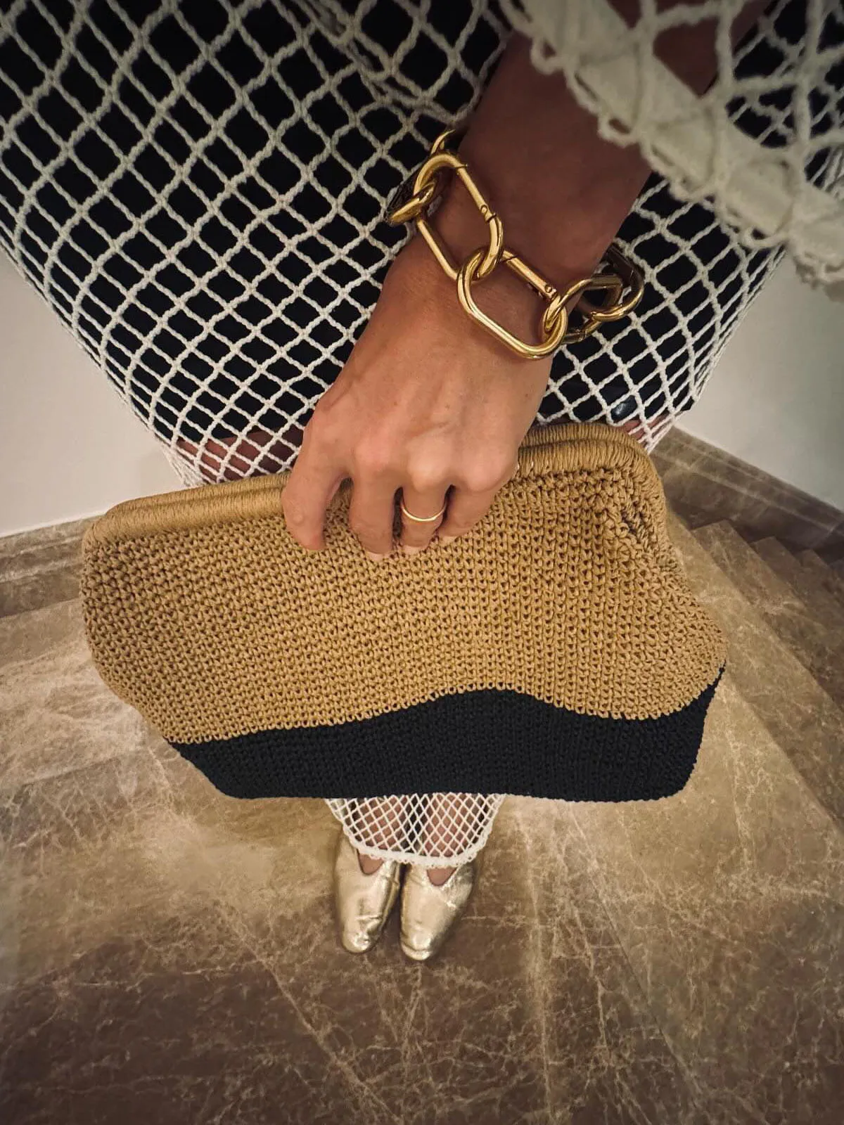 Extra Large Raffia Crochet Clutch Bag Black and Natural block