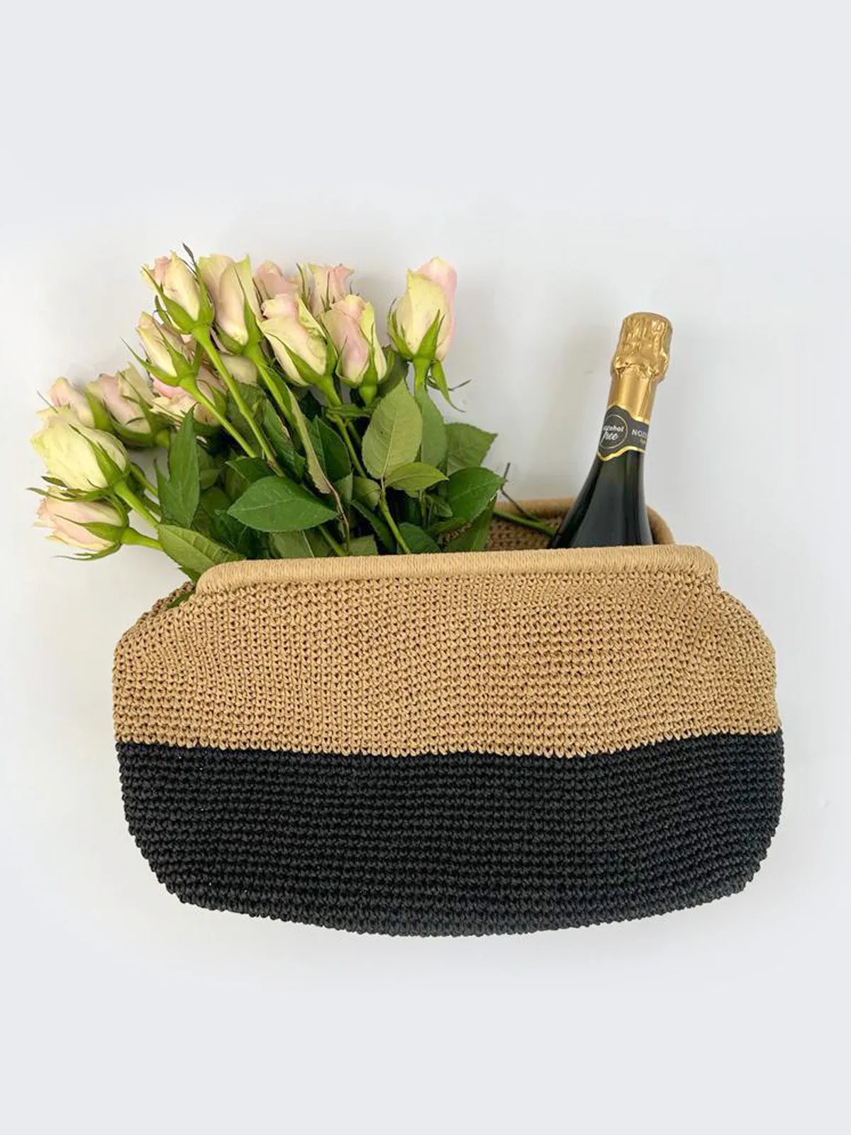 Extra Large Raffia Crochet Clutch Bag Black and Natural block