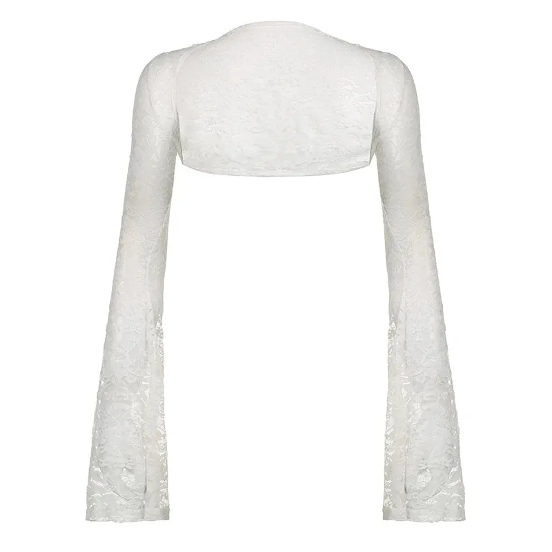 Fashion White Lace Shirt Short Cardigan Flare Sleeve Elegant Chic Holidays Smock Top See Through Summer Tee Sexy Slim