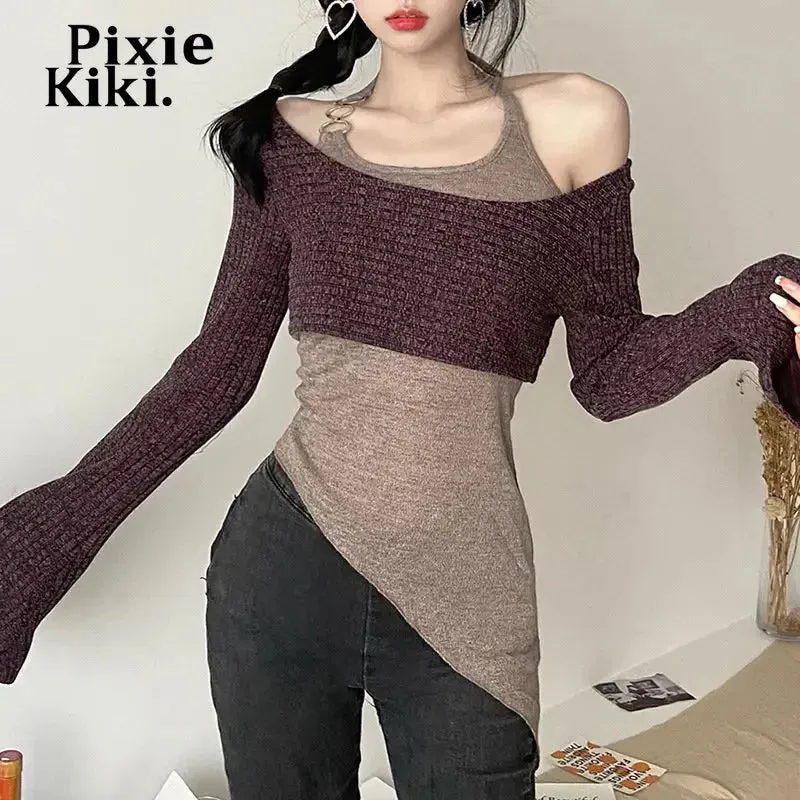 Fashion Y2k Tops Irregular Halter Off Shoulder Long Sleeve Top Grey 2 Piece Set Womens T Shirts Street Clothes P94CH22