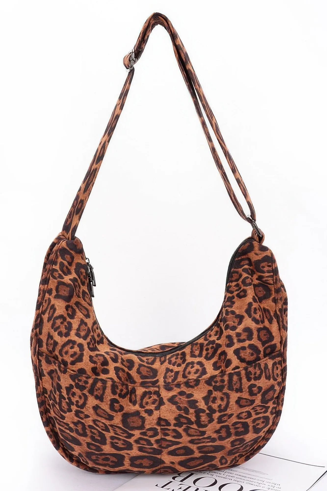 Faux Suede Leopard Double Pockets Crossbody Bag