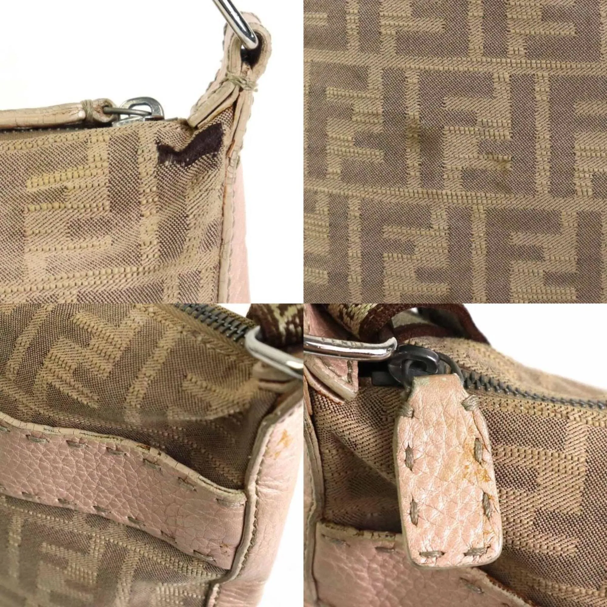 FENDI Crossbody Shoulder Bag Zucca Canvas/Leather Beige/Light Pink Ladies