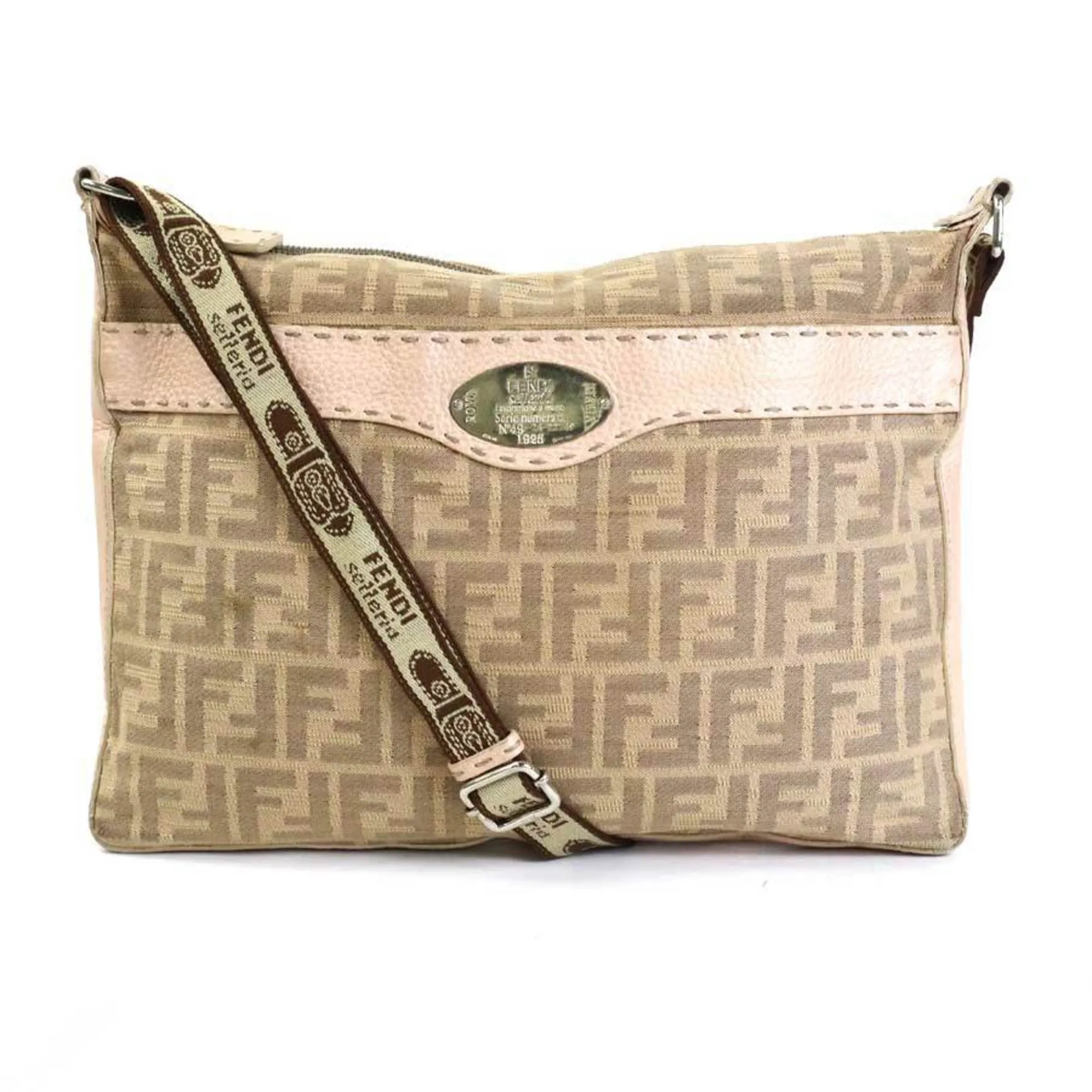 FENDI Crossbody Shoulder Bag Zucca Canvas/Leather Beige/Light Pink Ladies