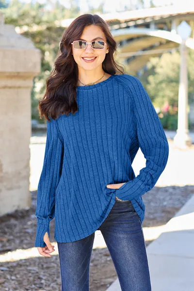 Full Size Ribbed Round Neck Long Sleeve Knit Top