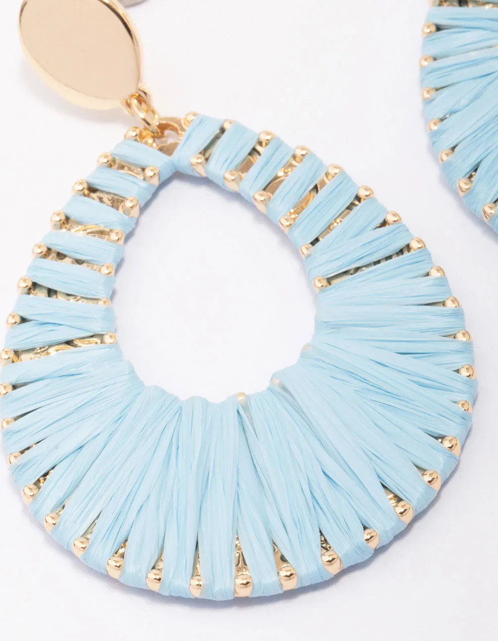 Gold & Blue Raffia Oval Drop Earrings