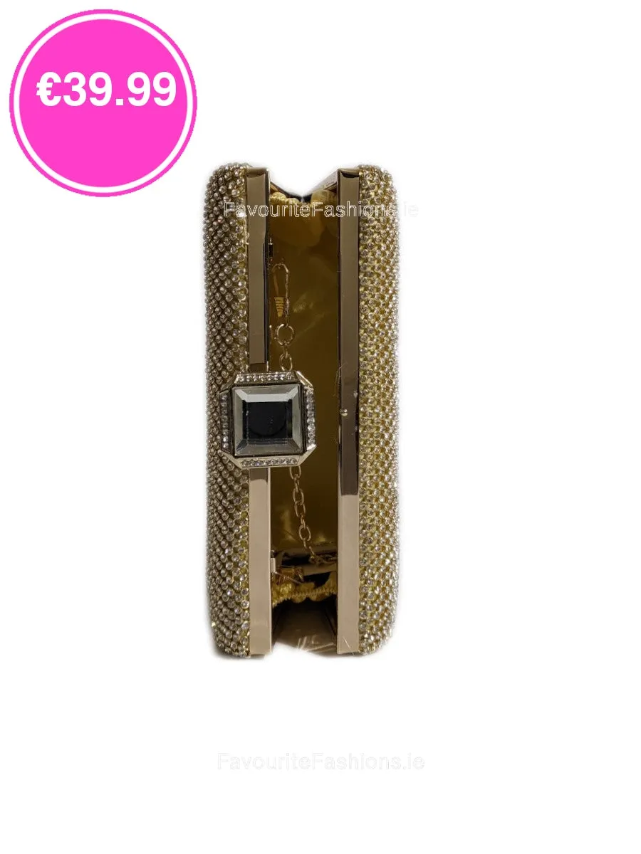 Gold Diamante Embellised Diamond Detail Clutch Bag