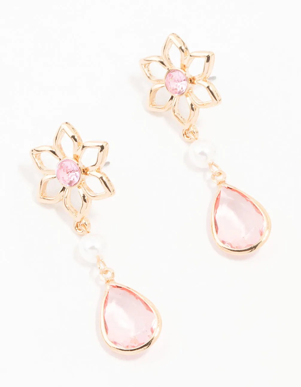 Gold Flower, Pearl & Pink Pear Diamante Drop Earrings