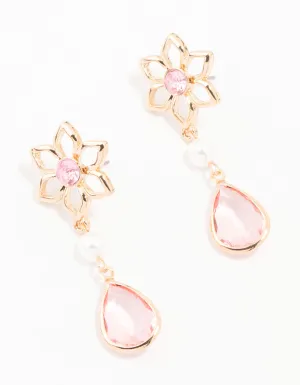 Gold Flower, Pearl & Pink Pear Diamante Drop Earrings