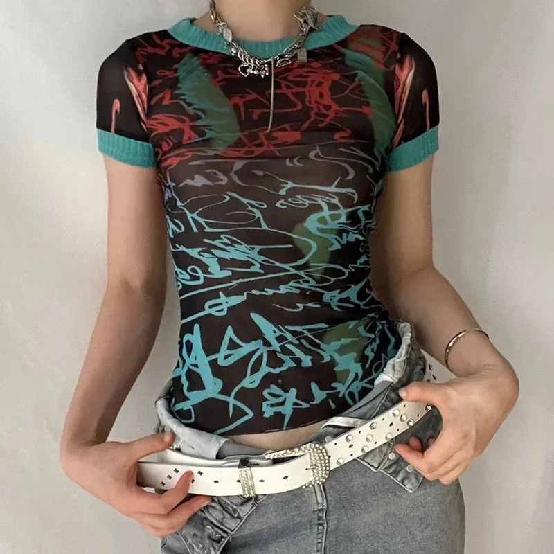 Graphic T Shirts Streetwear Y2k Women Sheer Mesh Knit Patchwork Long Sleeve Top Grunge Clothes 90’s Aesthetic P85-BE13