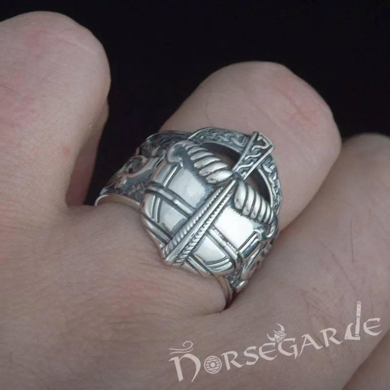 Handcrafted Ornamental Helm Ring - Sterling Silver