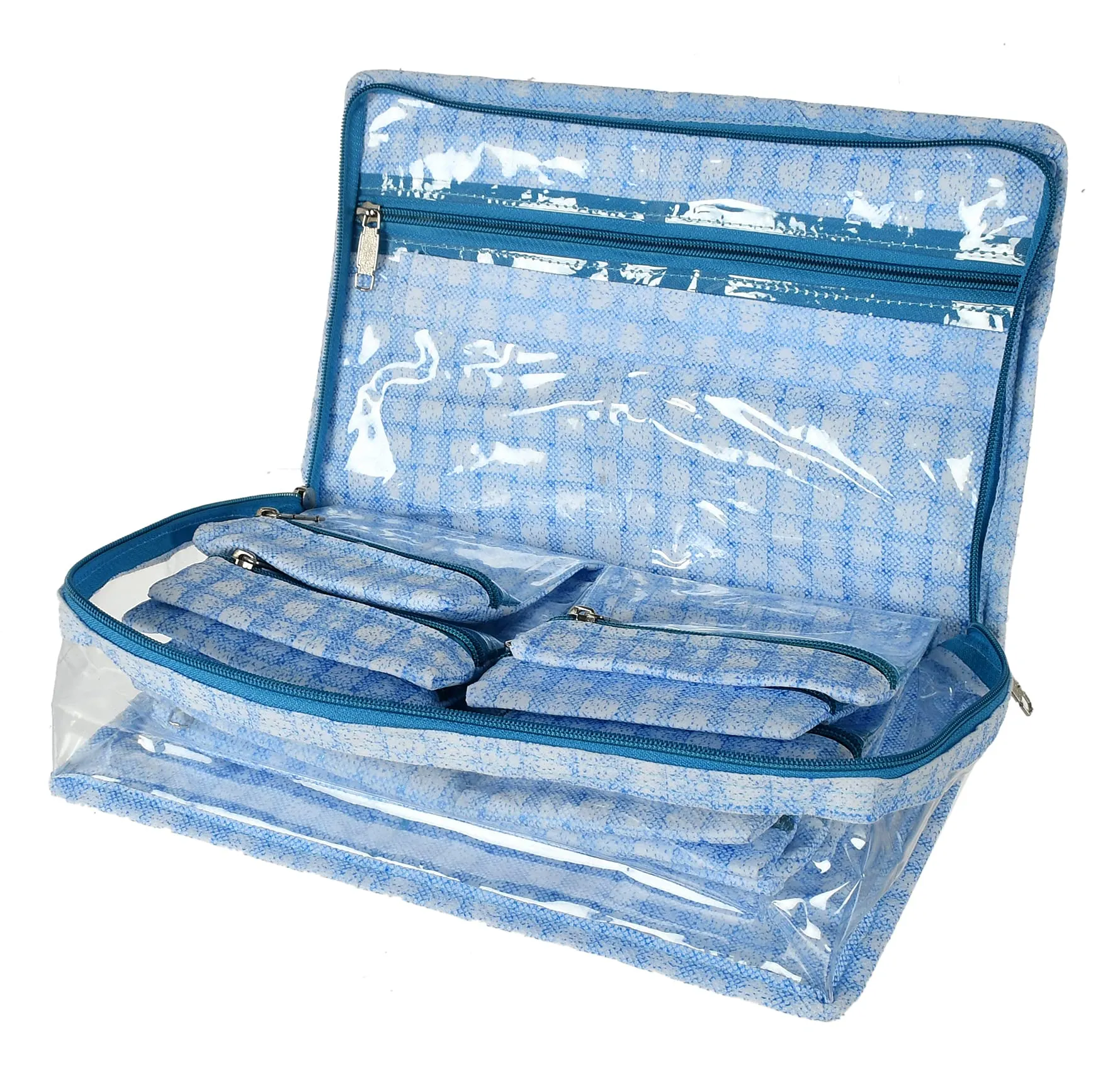 Heart Home Check Design Laminated PVC Multipurpose Jewellery Storage Bag/Travel Kit With 13 Tranasparent Pouches (Blue)-HS_38_HEARTH21258