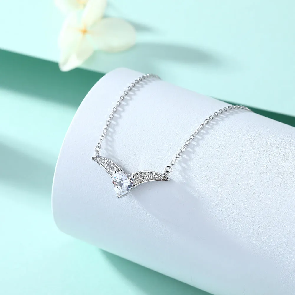 Heart Zircon V-shaped Pendant Silver Necklace for Women