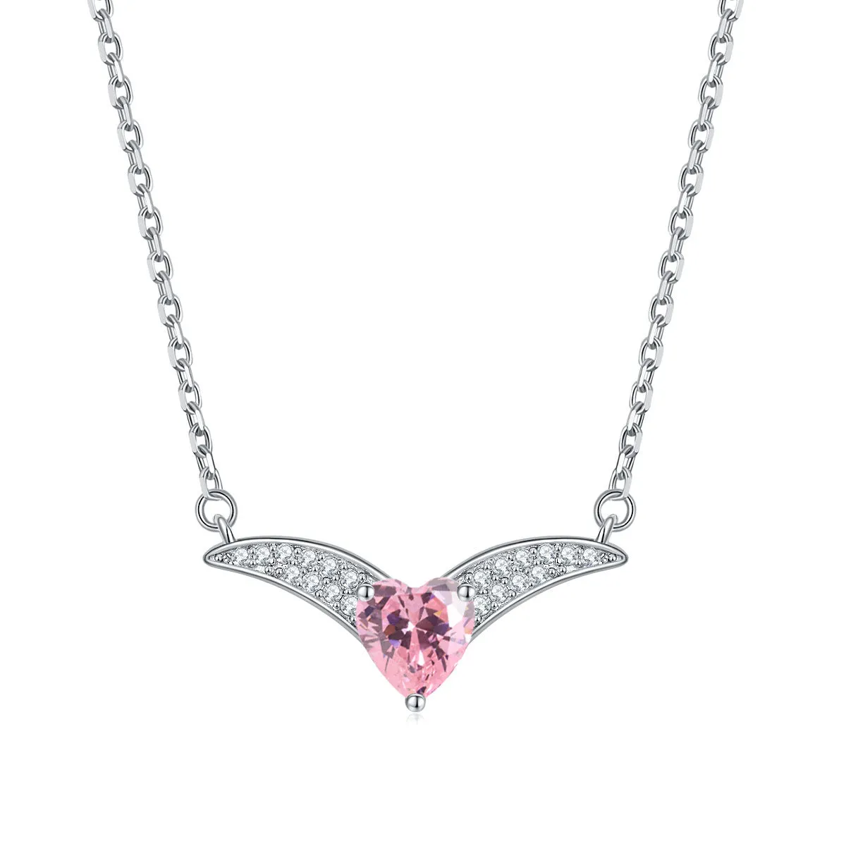 Heart Zircon V-shaped Pendant Silver Necklace for Women