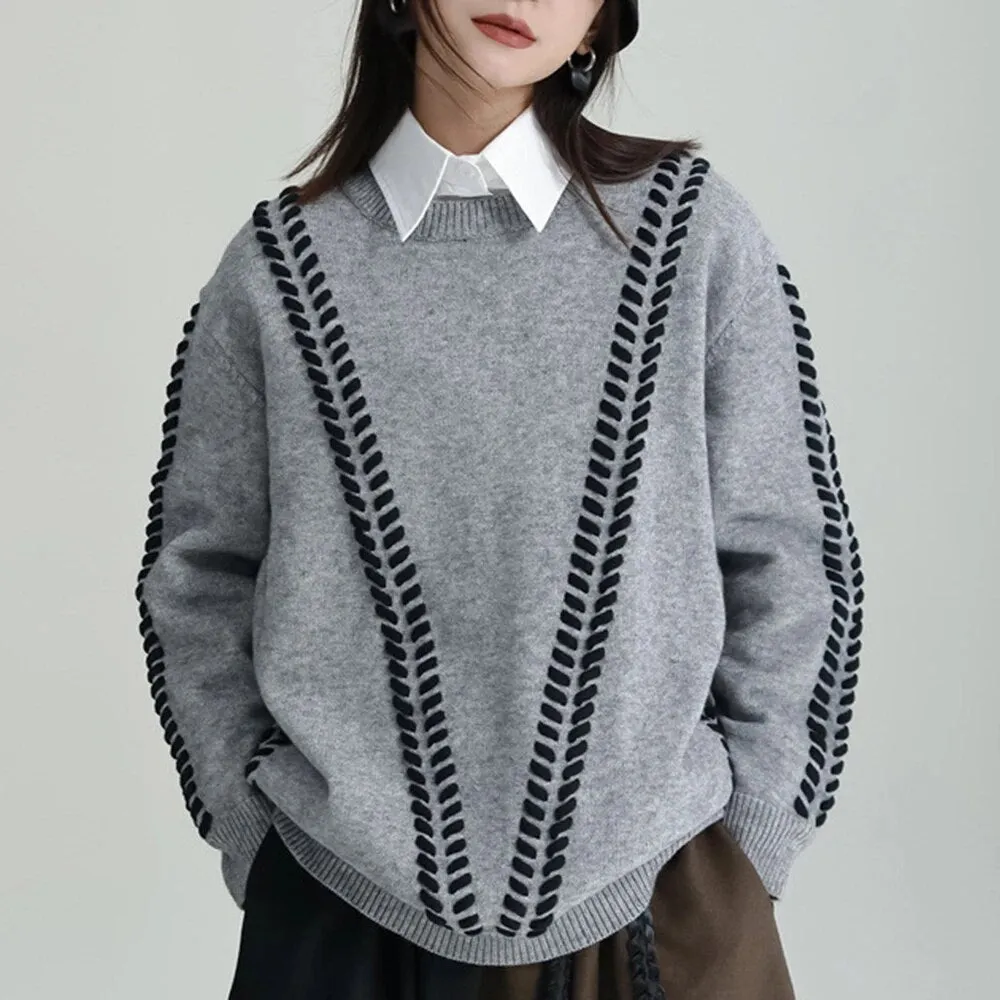 Hit Color Casual Knitting Sweaters For Women Round Neck Long Sleeve Loose Temperament Sweater Female Fashion