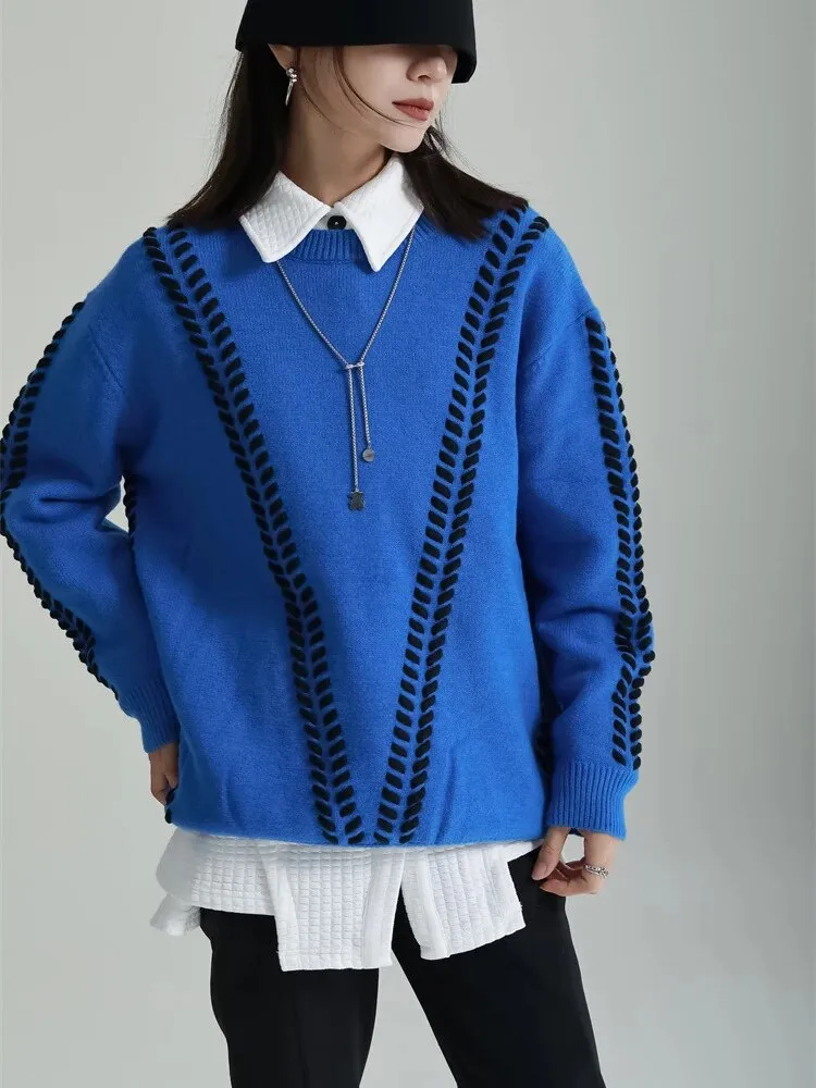 Hit Color Casual Knitting Sweaters For Women Round Neck Long Sleeve Loose Temperament Sweater Female Fashion