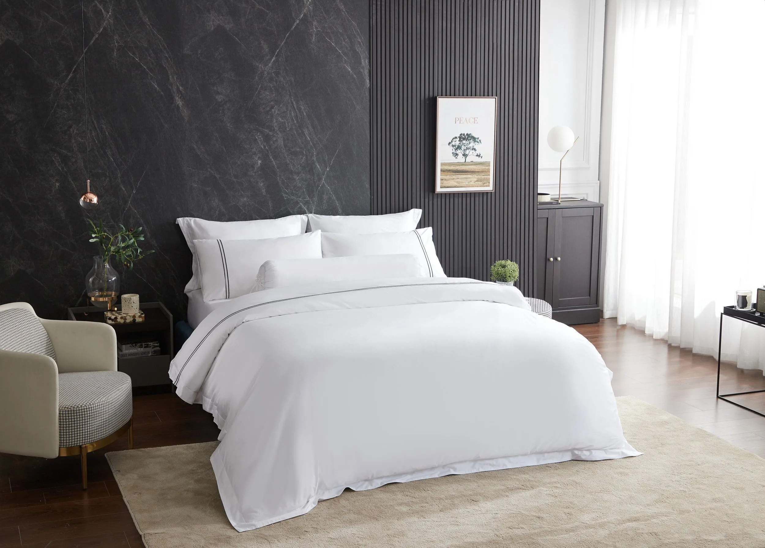 Hotelier Prestigio™ Lucent White With Black Lines Fitted Sheet Set