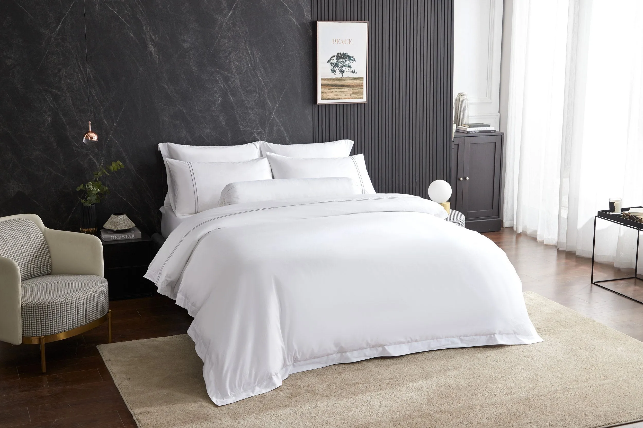 Hotelier Prestigio™ Lucent White With Grey Lines Fitted Sheet Set