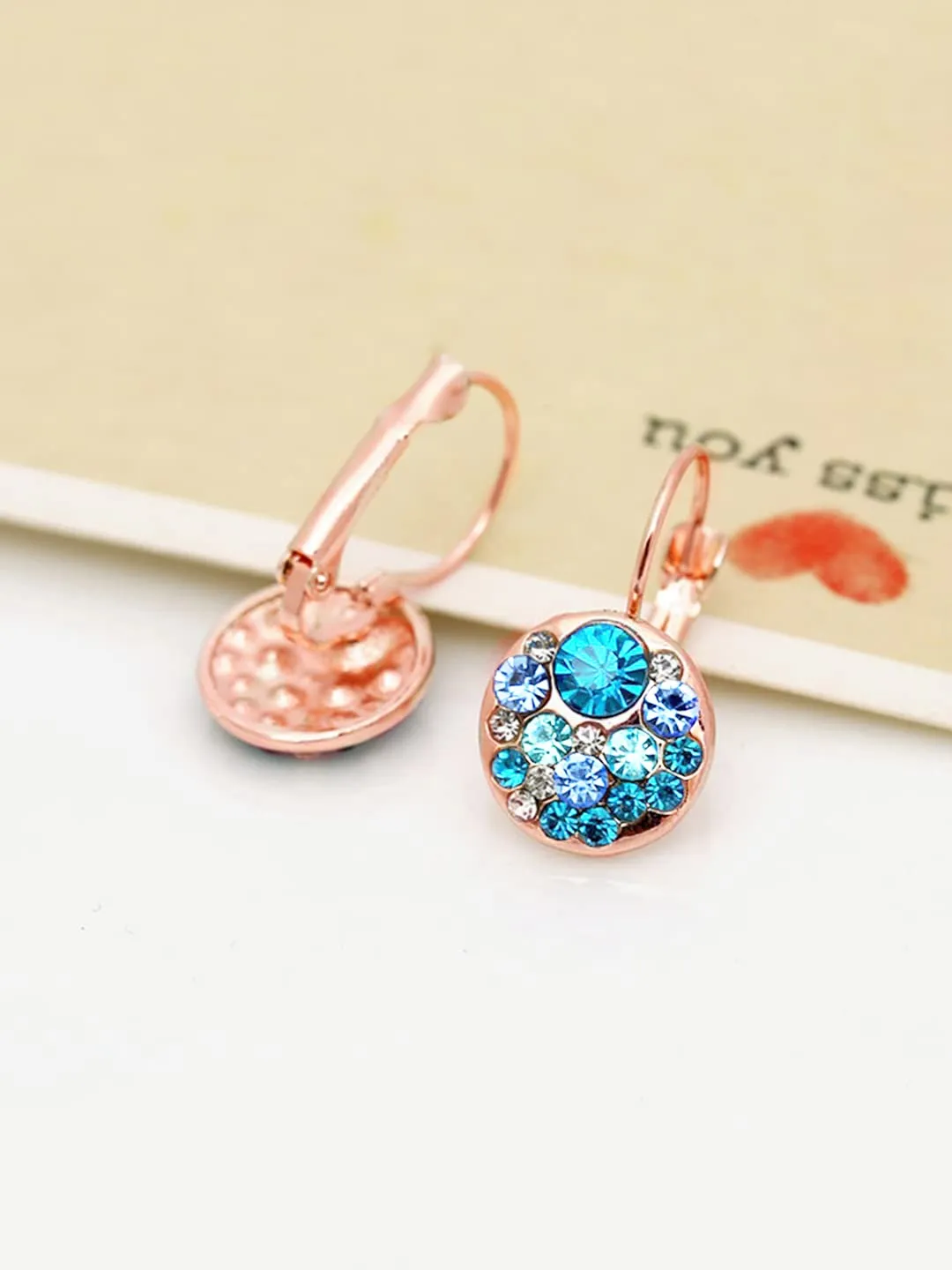 Kairangi Earrings for Women and Girls | Blue Crystal Stone Radiant Clip on Drop Earring | Elegant Rose Gold Plated | Round shaped Drops | Birthday Gift for Girls and Women Anniversary Gift for Wife