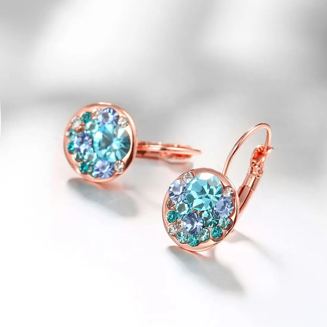 Kairangi Earrings for Women and Girls | Blue Crystal Stone Radiant Clip on Drop Earring | Elegant Rose Gold Plated | Round shaped Drops | Birthday Gift for Girls and Women Anniversary Gift for Wife