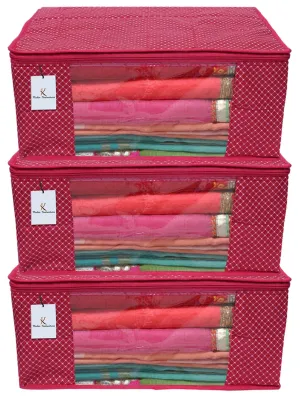 Kuber Industries Polka Dots Cotton 3 Layered Quilted Saree Cover|Zipper Closer with Transparent Window|Size 43 x 35 x 22 CM|Pack of 3 (Pink)-CTKTC021343