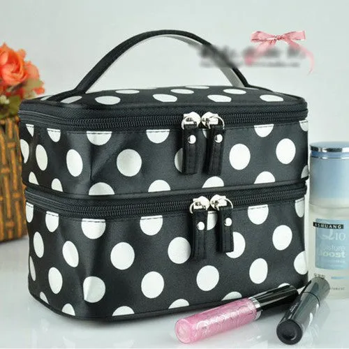 Lady Double Cosmetic Bag Retro Dot Beauty Case Makeup Bag Set Kit Toiletry Bag