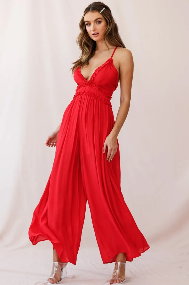 Laney Wide Leg Ruffle Detail Jumpsuit Red