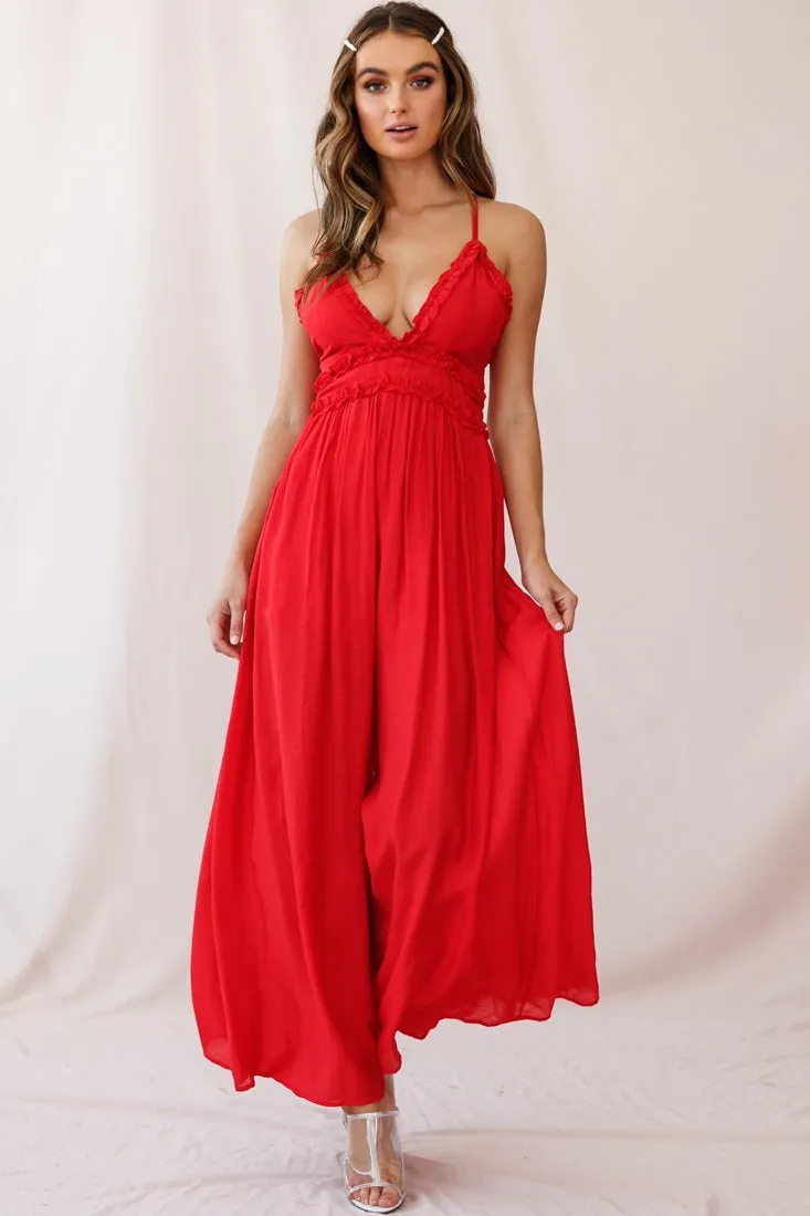 Laney Wide Leg Ruffle Detail Jumpsuit Red