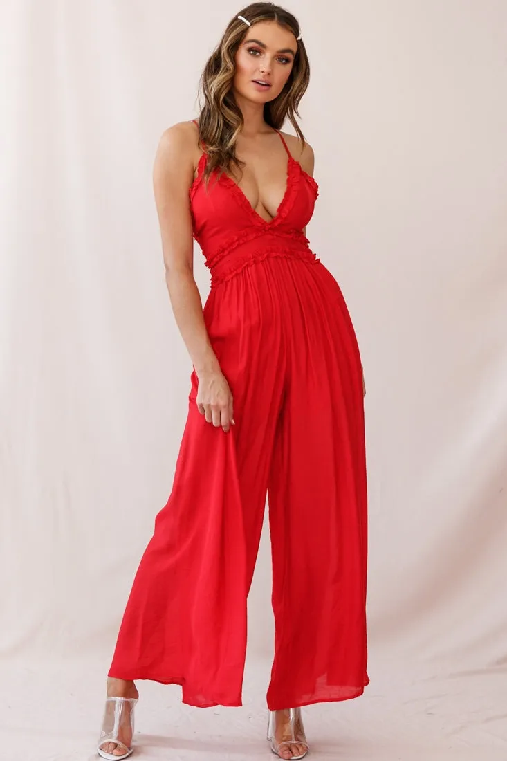 Laney Wide Leg Ruffle Detail Jumpsuit Red