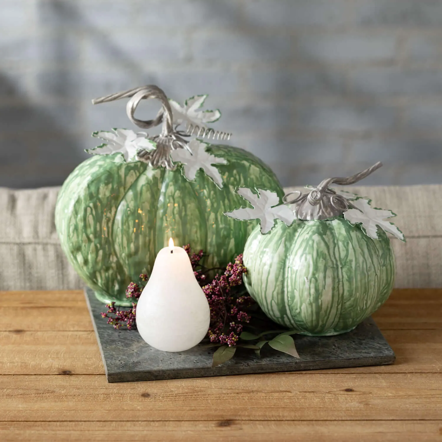 Large Sage Metal Pumpkin