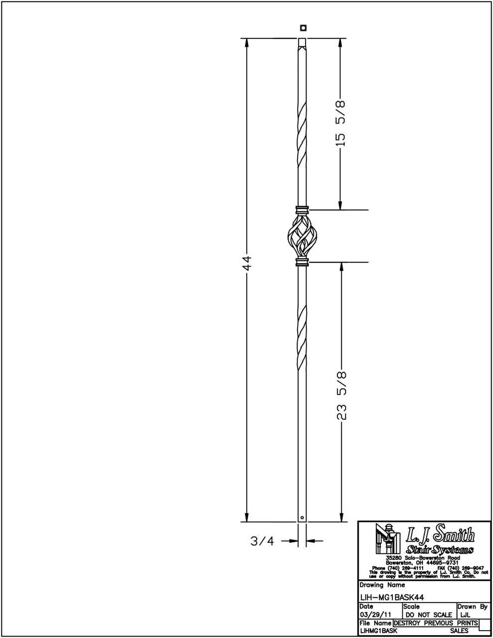 LIH-MG1BASK44 — Mega Single Basket Baluster (3/4" Square Hollow)