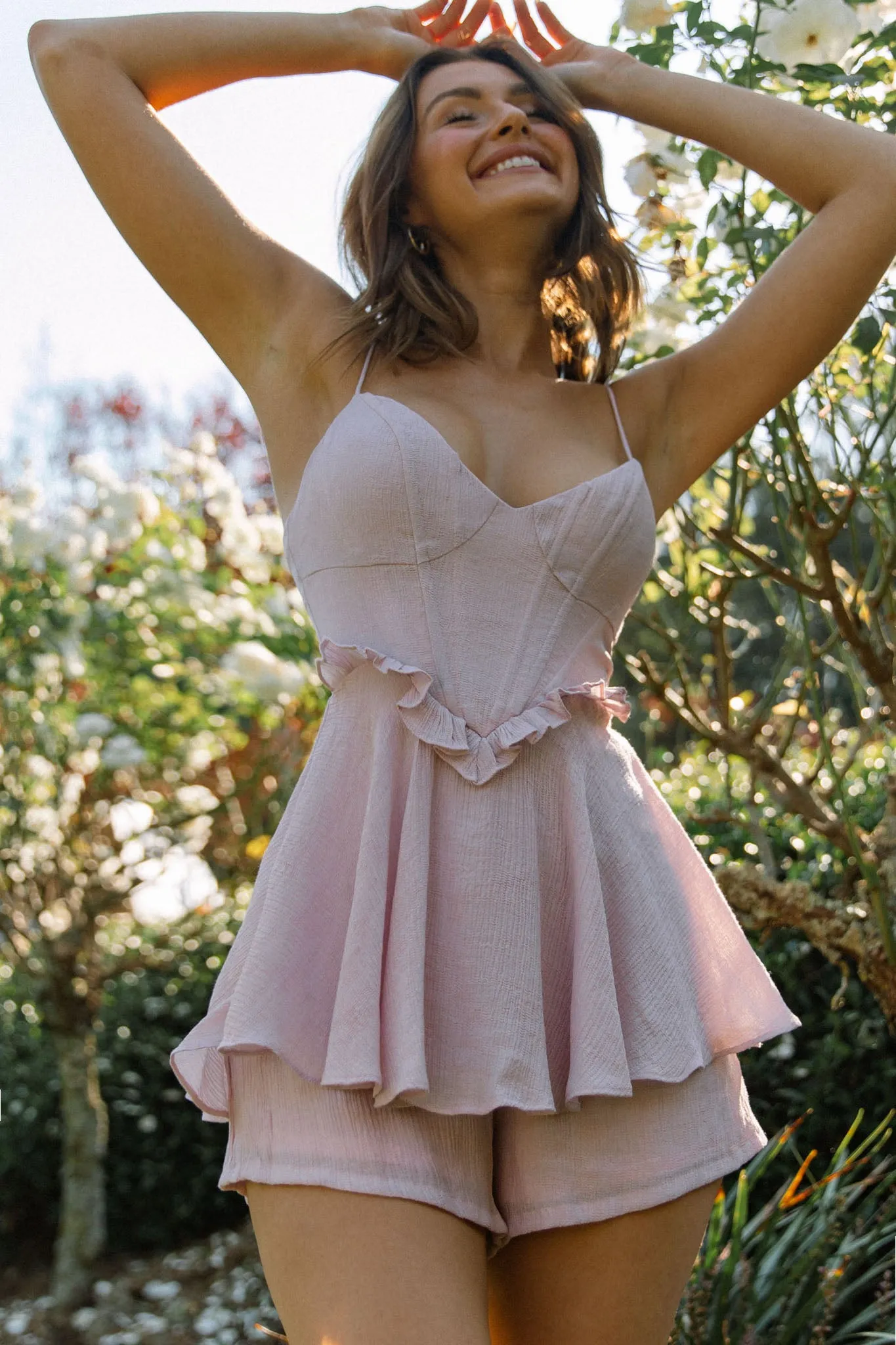 Love Language Boned Bodice Frill Waist Romper Blush