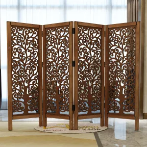 Low Height Solid Wood Room Divider Separator Wooden Partition 4 Panel ( Brown )