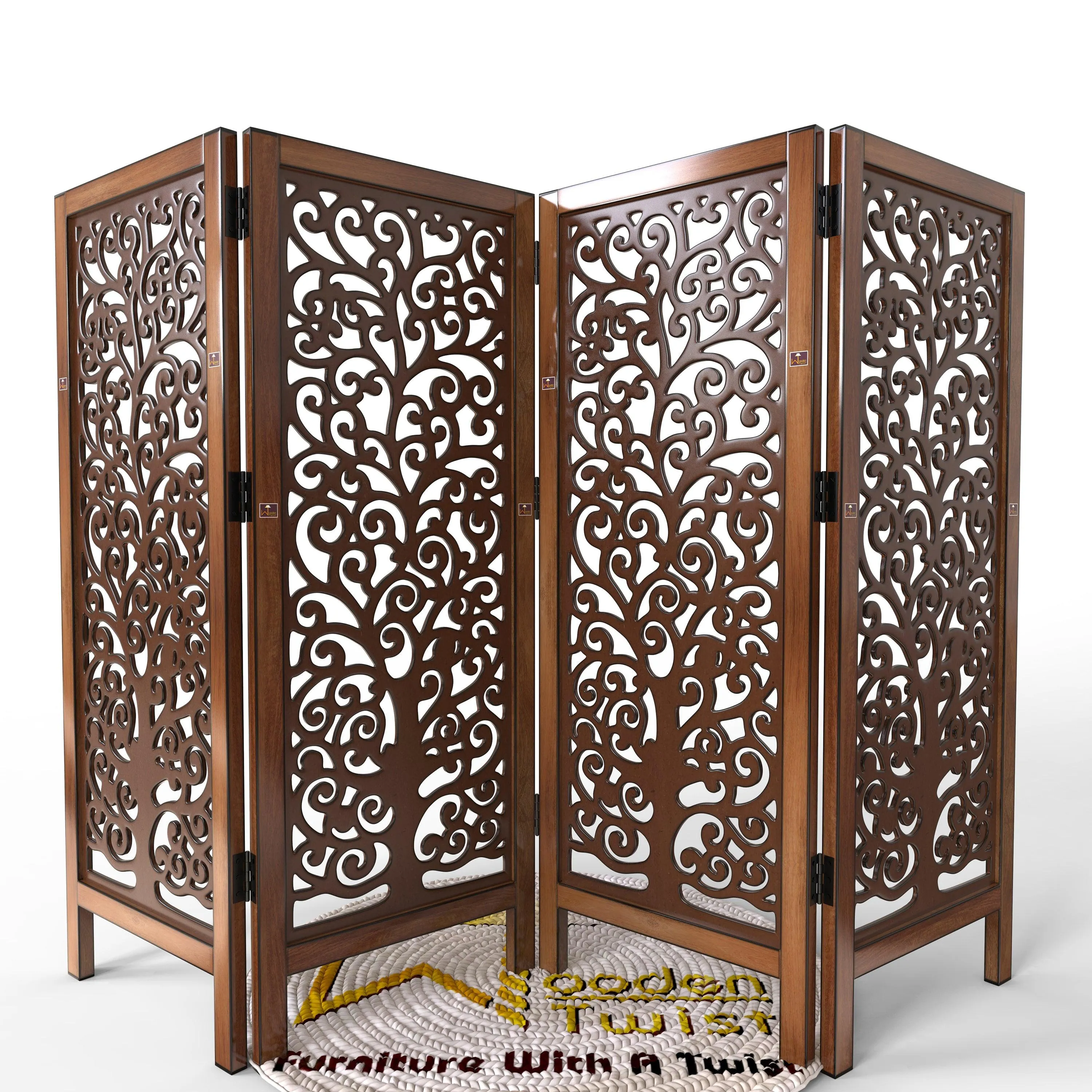 Low Height Solid Wood Room Divider Separator Wooden Partition 4 Panel ( Brown )