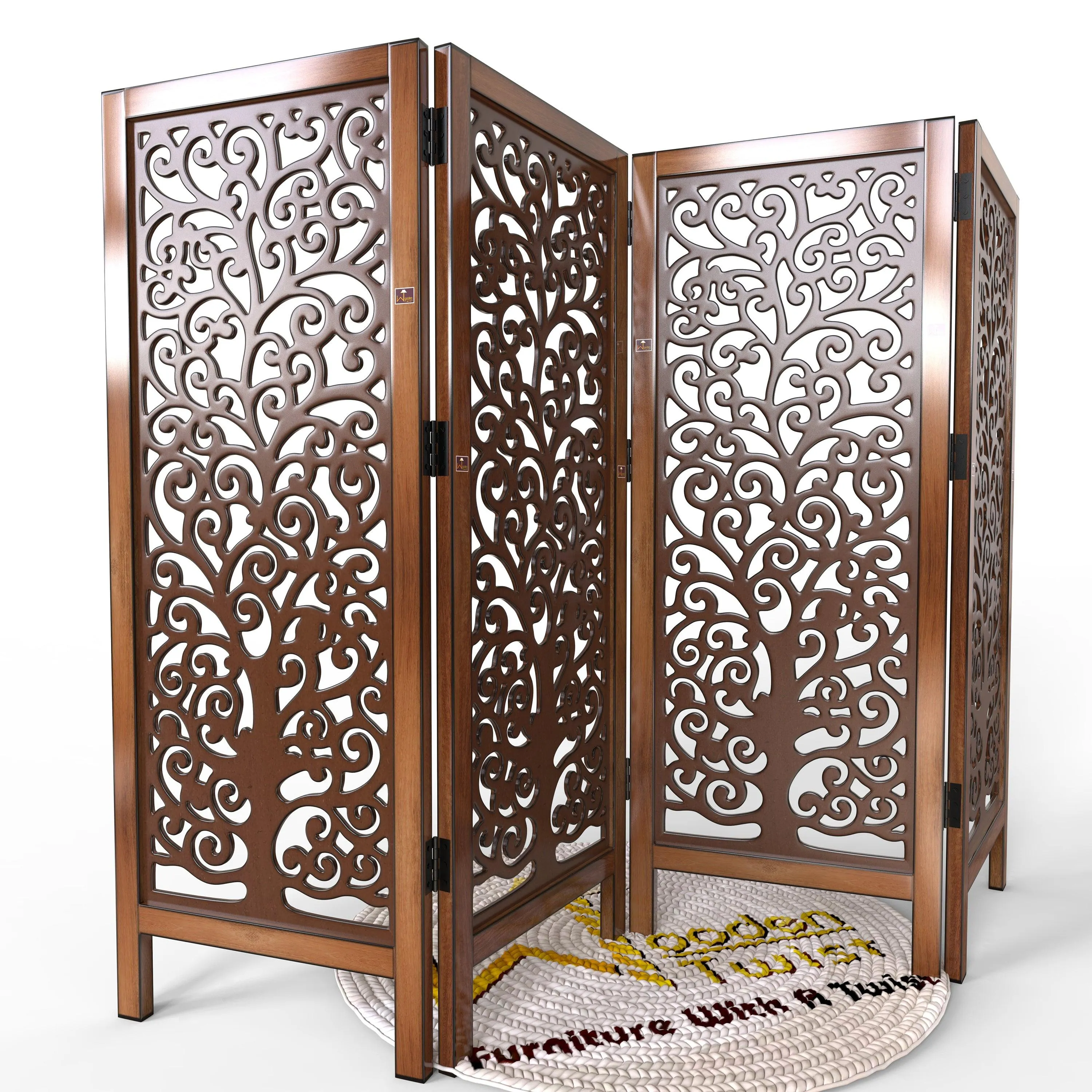 Low Height Solid Wood Room Divider Separator Wooden Partition 4 Panel ( Brown )