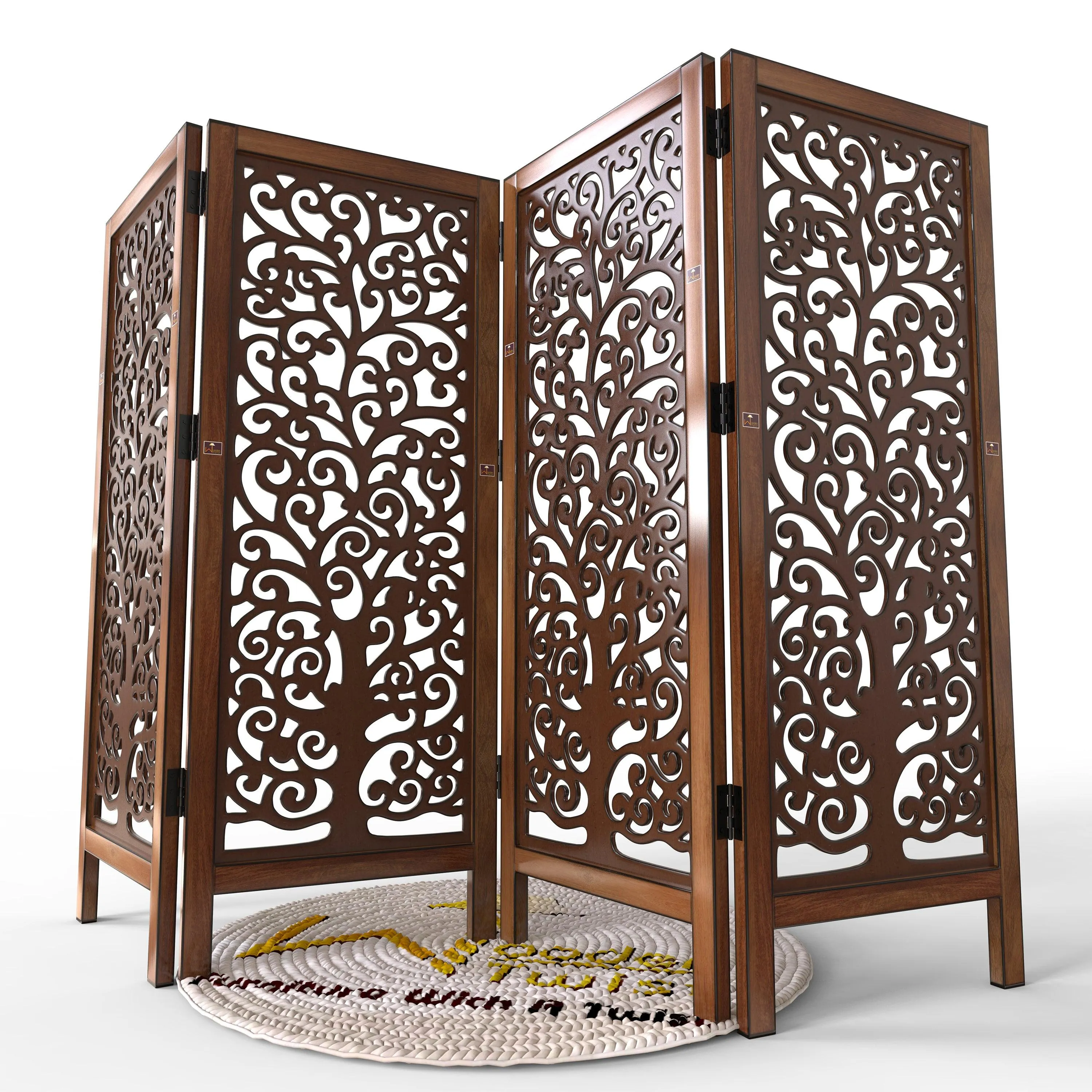 Low Height Solid Wood Room Divider Separator Wooden Partition 4 Panel ( Brown )