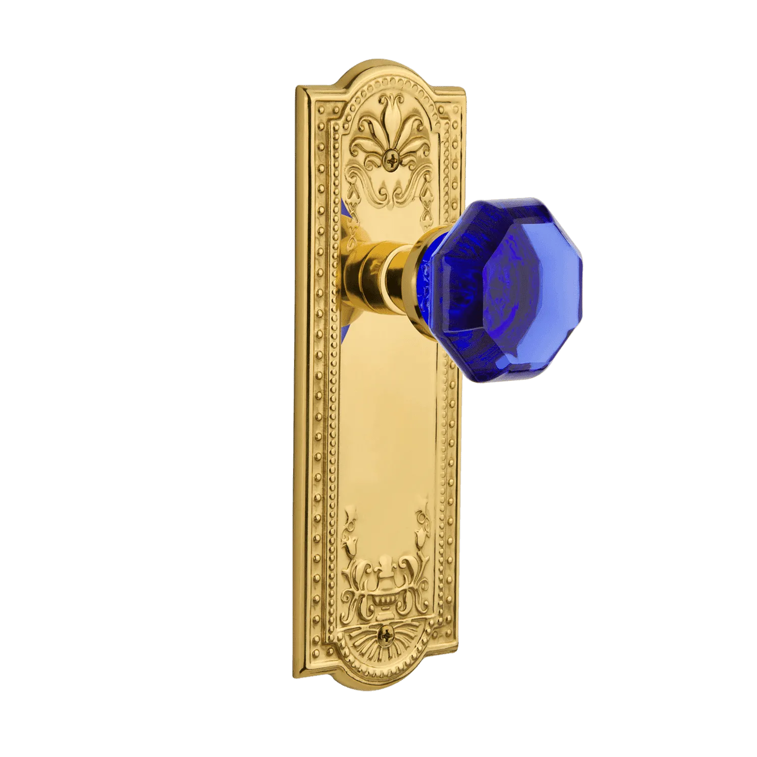 Meadows Long Plate with Cobalt Waldorf Knob in Polished Brass