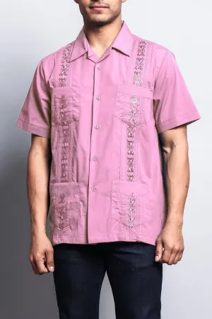 Men's Short Sleeve Cuban Style Guayabera Shirt (Pink)