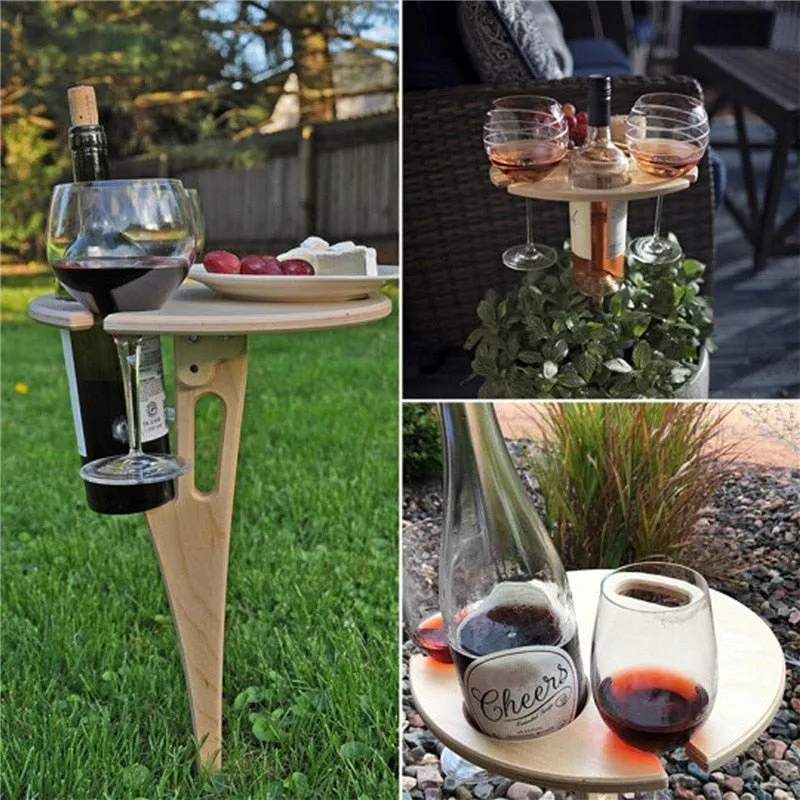 Mini Wooden Picnic  Wine Table with Foldable Round Desktop