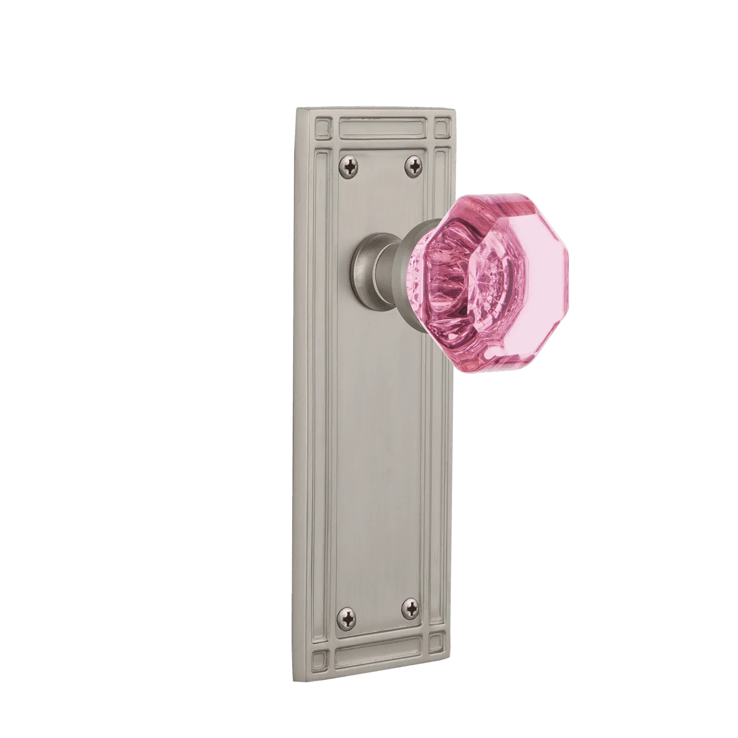 Mission Long Plate with Pink Waldorf Knob in Satin Nickel