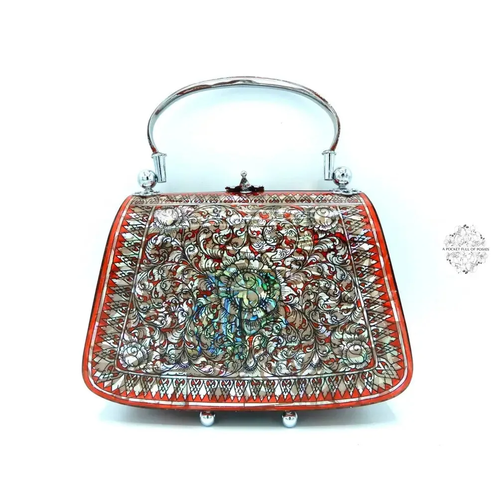 Mother of Pearl Handbag - Red or Black, Whimsical Flower Design Lacquered Evening Bag, Inlay with handle, Maroon Velvet Lining