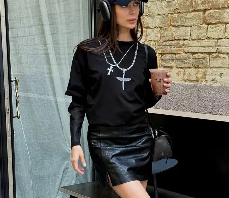 Necklace Printed Graphic T Shirts Black White Fake Two-piece Mesh Long Sleeve Tops Fall Clothes 2024 Women P85-CZ26