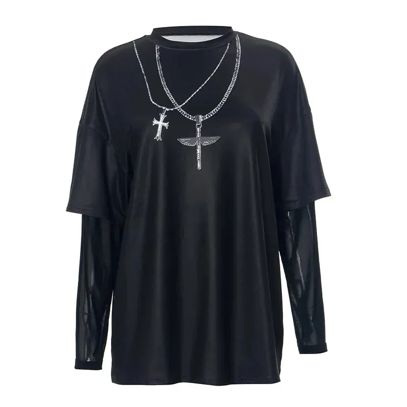 Necklace Printed Graphic T Shirts Black White Fake Two-piece Mesh Long Sleeve Tops Fall Clothes 2024 Women P85-CZ26