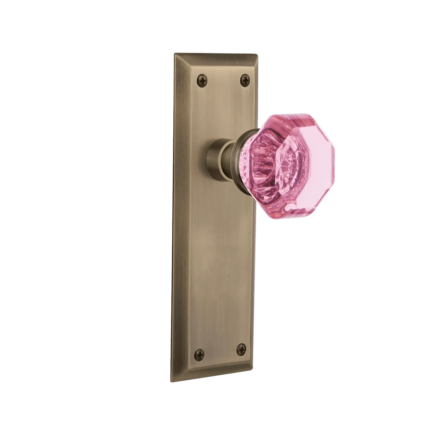 New York Long Plate with Pink Waldorf Knob in Antique Brass