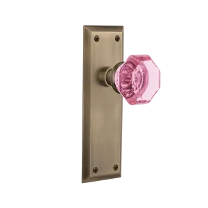 New York Long Plate with Pink Waldorf Knob in Antique Brass