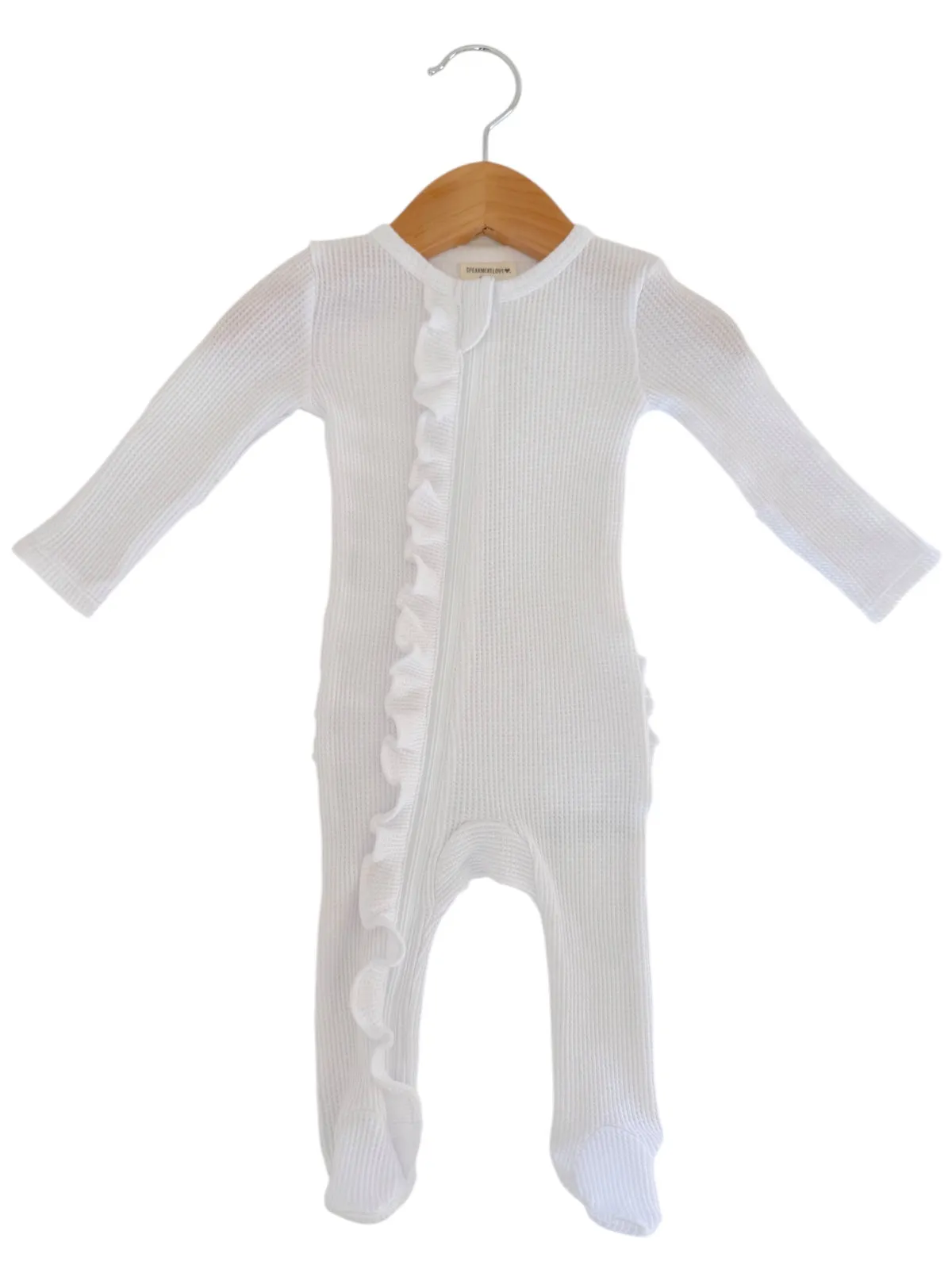 Organic Waffle 2-Way Zip Ruffle Footie, Lucent White