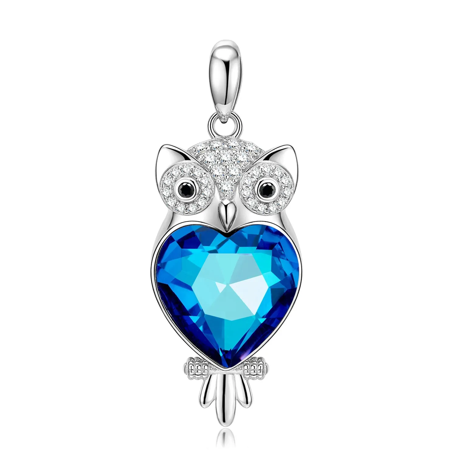 Owl with Heart Shape Blue Crystal Silver Necklace