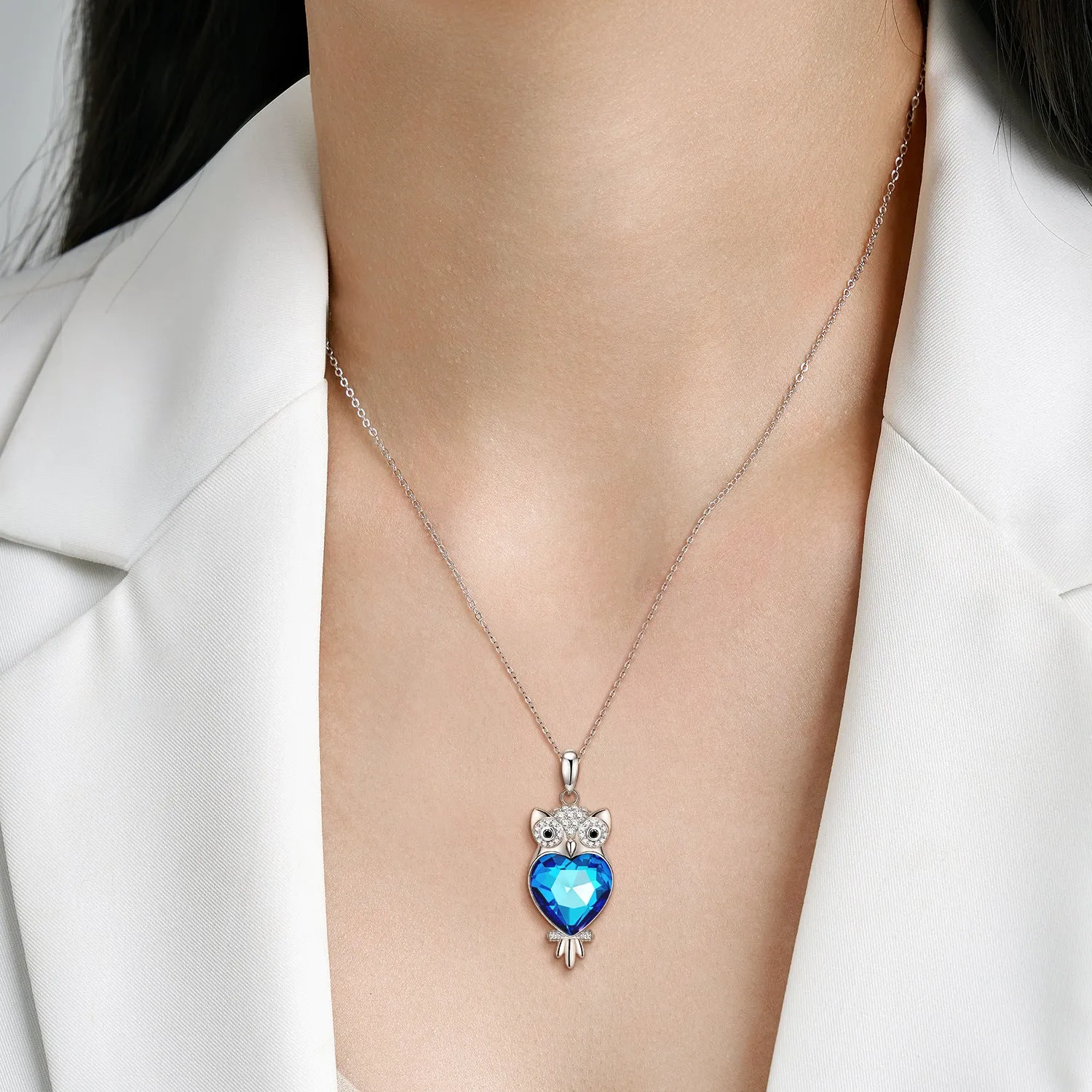 Owl with Heart Shape Blue Crystal Silver Necklace