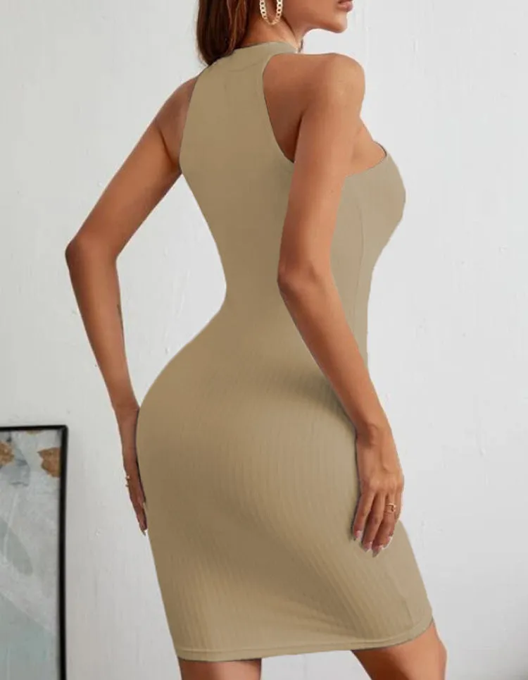 Plain Round Neck Tie Sleeveless Knit Sweater Bodycon Dresses