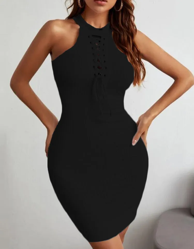 Plain Round Neck Tie Sleeveless Knit Sweater Bodycon Dresses